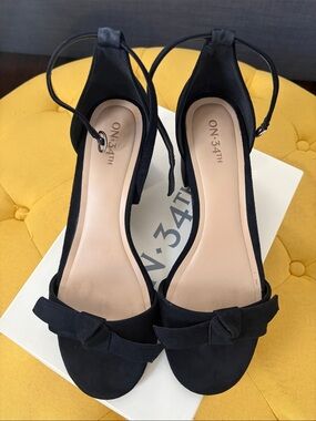 ON·34TH Black Suede Ankle-Tie Bow Heels